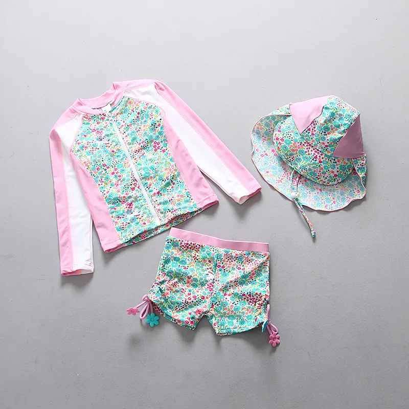 

Zipper Girls Swimsuit Kids Long Sleeve Sun Protection 2pcs Rash Guards Bathing Suit Beach Floral Girl Swimwear Swimming Clothes