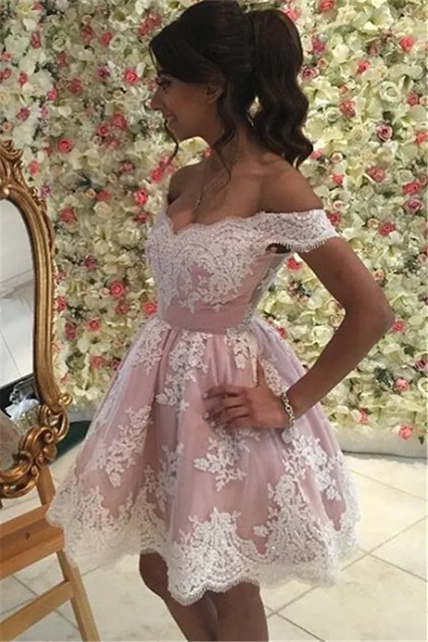 Розовый 2019 Homecoming платья а-силуэта с открытыми плечами Аппликации Кружева Короткие мини-элегантные коктейльные платья