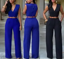 Women Jumpsuit Long Pants Rompers Sleeveless V-neck 2019 Summer Wide Leg Pants Jumpsuits With Belt Sexy Club Party Overalls