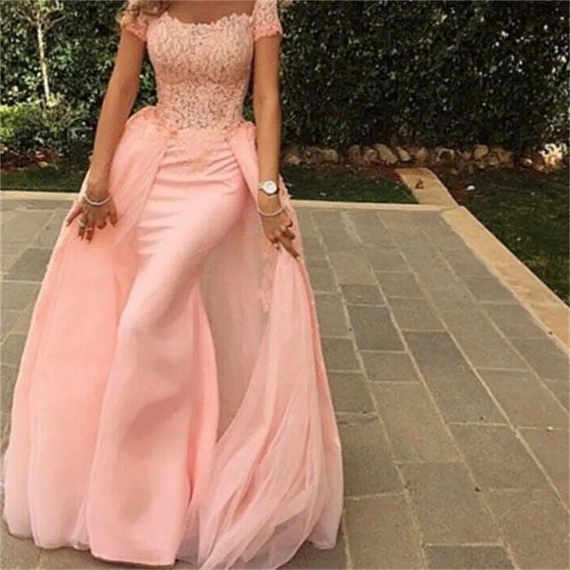 Unique Long Mermaid Prom Dresses With Train Short Sleeve Pink Evening Party Gown