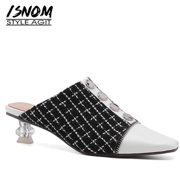

ISNOM Patent Leather Slippers Woman Pointed Toe Footwear Unusual Heel Transparent Slides Shoes Female Button Mules Shoes Women