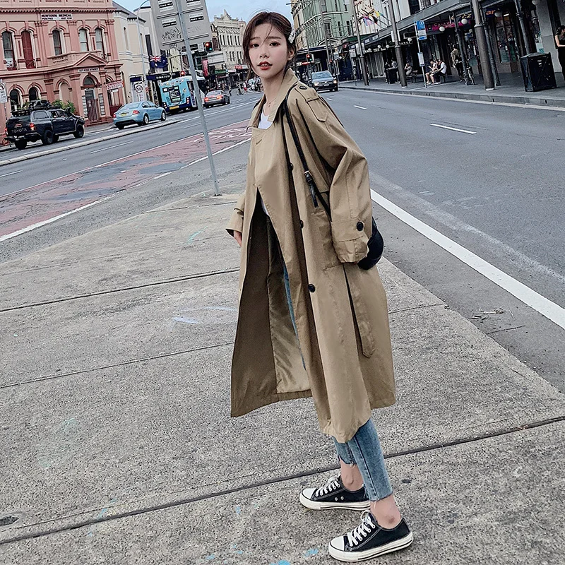 Spring and Autumn Coat Fashion Casual Loose Woman Long Windbreaker Full Sleeve Turn-down Breasted