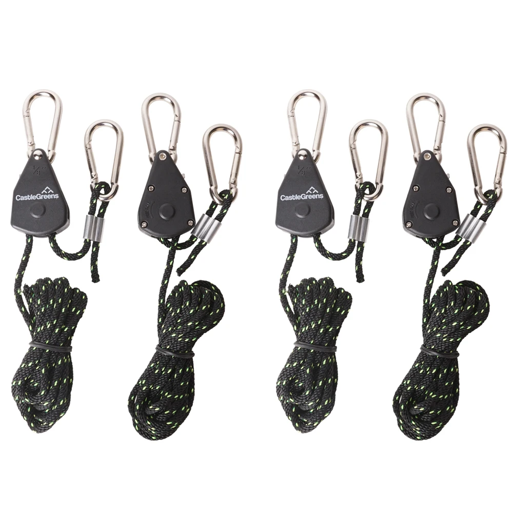 

2 Pair 1/8" Rope LED Grow Light Hanger Adjustable Metal Hook for Hydroponics Carbon Filter, 150 lbs Weight Capacity Rope Ratchet