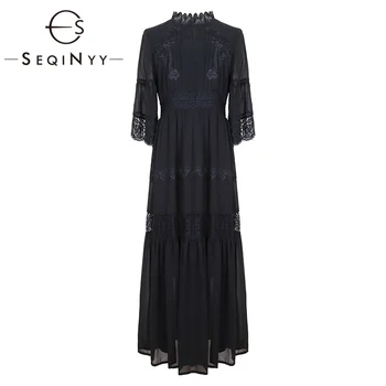

SEQINYY Chiffon Dress 2019 Summer Spring New Fashion Design Half Sleeve Splice Lace Flowers A-line Elegant Dress Women