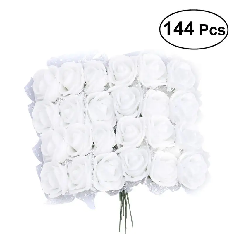 144pcs/Lot Artificial Foam Rose Flowers With Crystal Lace Wedding Bridal Party Bouquet Table