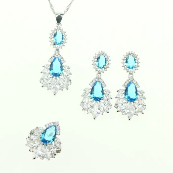

Bride 925 Sterling Silver Jewelery Women Jewelry Sets Natural Blue Crystal Zircon Necklace/Pendant/Earrings/Ring Free Gift Box