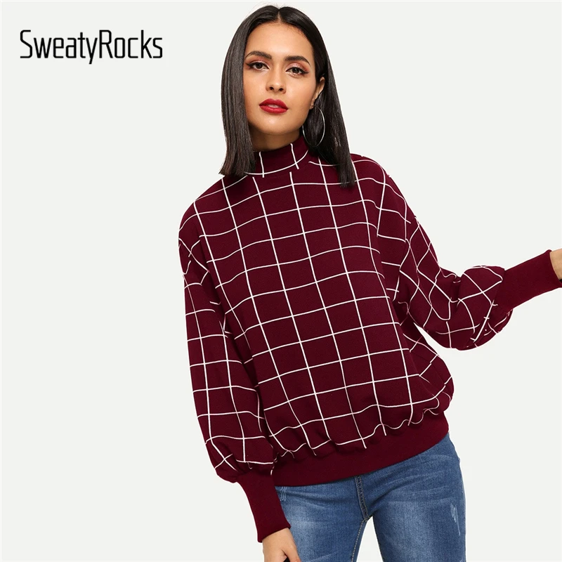 SweatyRocks Burgundy Balloon Sleeve Grid Sweatshirt Active Chic Stand Collar Pullovers Tops 2018 