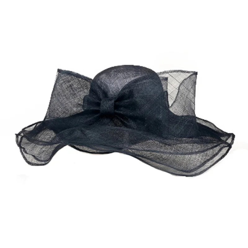 FS elegante negro Beige blanco Lino boda sombreros Bowknot Sinamay mujeres Kentucky Derby sombrero señoras gran ala ancha Chapeau Fedora - 4