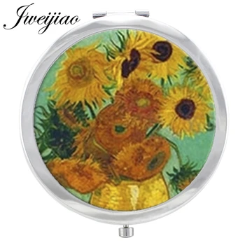 

JWEIJIAO Sunflower Blue Sky Makeup Mirror Glass Cabochon flowers Painting Floding Round compact Hand pocket Magnif Mirror espejo