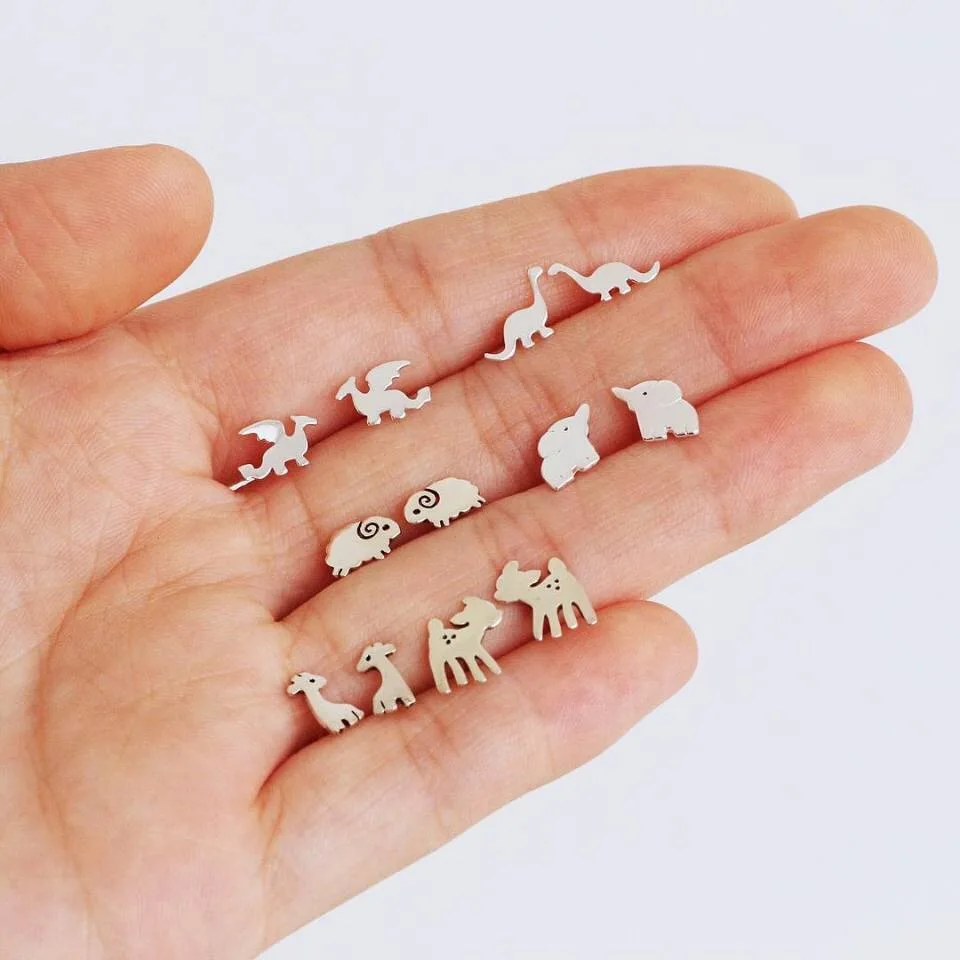 

6 Pairs/set Cute Tiny Animale Stud Earrings Set For Women Fashion Simple Sheep Elephant Sliver Earrings Party Jewelry Gift