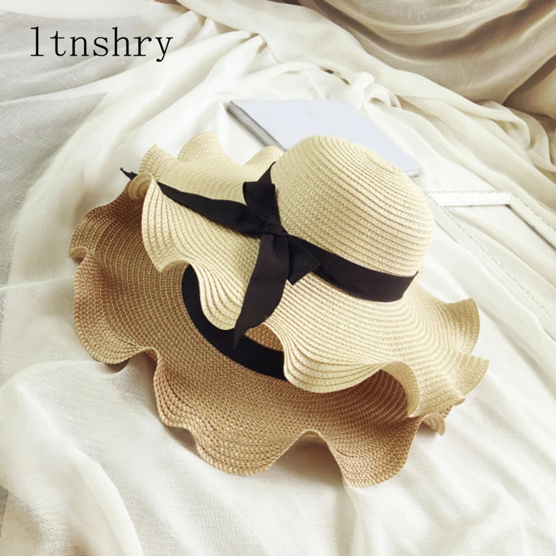 

Summer Ribbon sun hat Casual Big Wide Wave Brim Bowknot Straw Hats for Women Beach Sun Visor Hat Foldable Vacation Caps Mujer