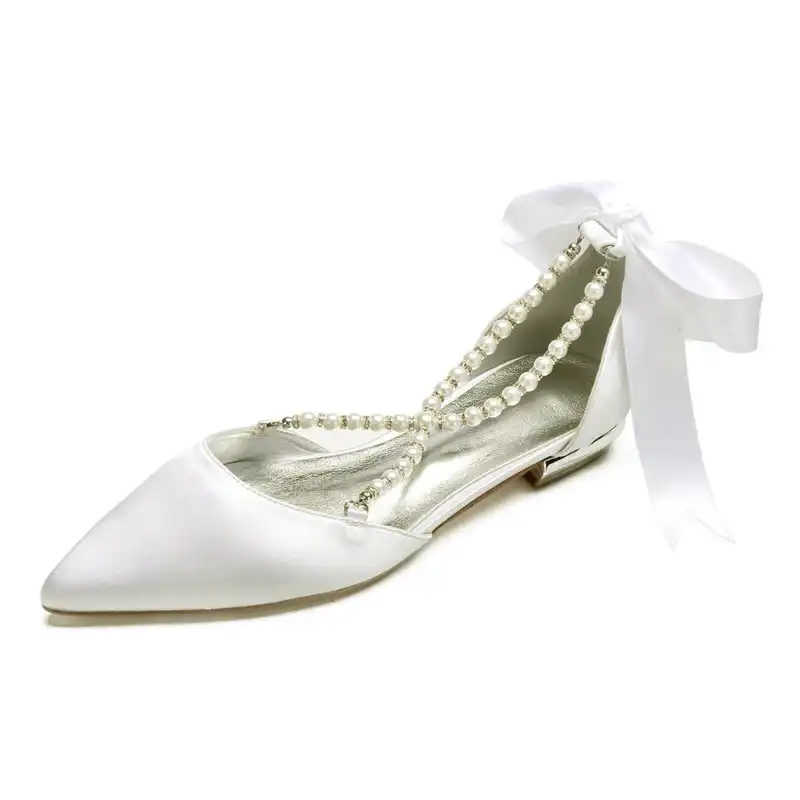 Flat Satin Pearls Wedding Shoes Pointed Toe Ribbon Tie Flat Prom