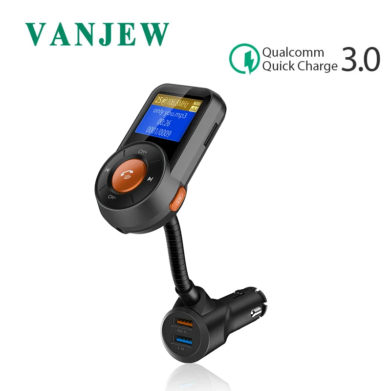 VANJEW BT76 Bluetooth fm-передатчик беспроводной радио адаптер Hands-Free автомобильный комплект QC3.0 и Smart 2.4A двойной USB порт Автомобильный MP3-плеер - Название цвета: Black