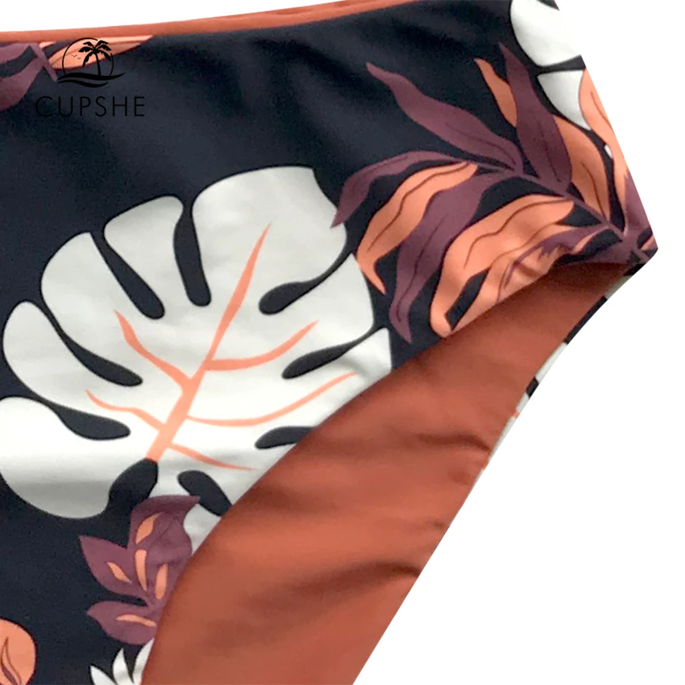 CUPSHE Leaf Print Reversible Bikini Set Women Mid Waist Backless Halter Two Pieces Swimwear 2019 Beach Bathing Suit Swimsuits