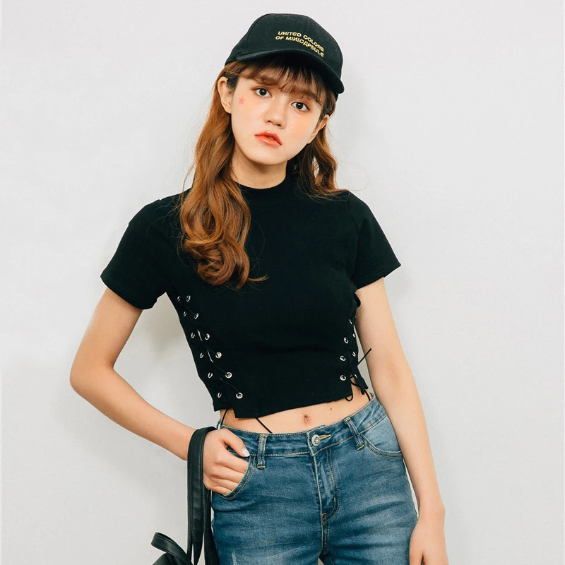 

Women Turtleneck Knit Crop Tee with Lace Up Side Sexy Crop Tops