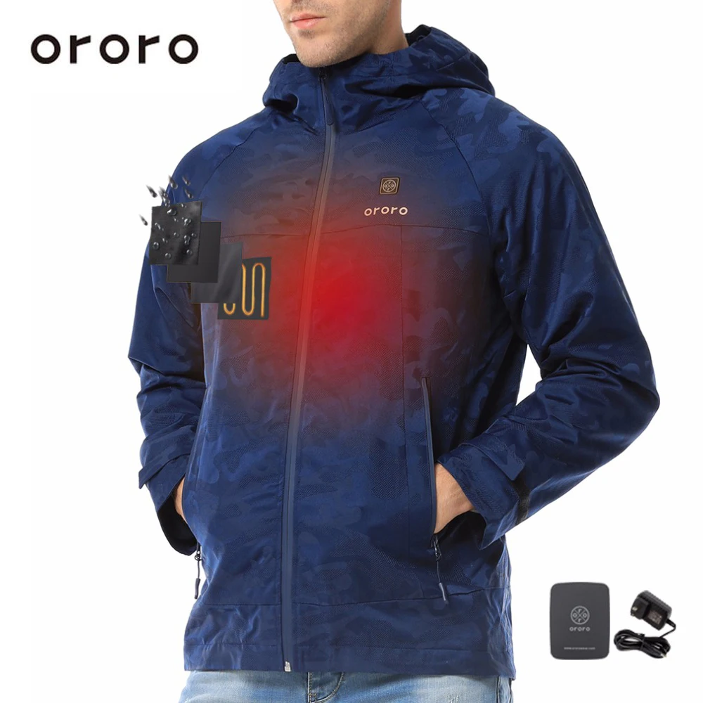 ORORO Unisex Camo Print Heated Jacket with Hood Outerwear Waterproof