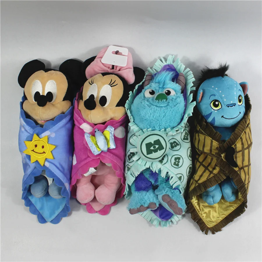 

1pcs 25cm Cute Babies Baby Mickey Minnie mouse Sulley Monster with Blanket Plush Toy Doll Children Gifts baby soft doll