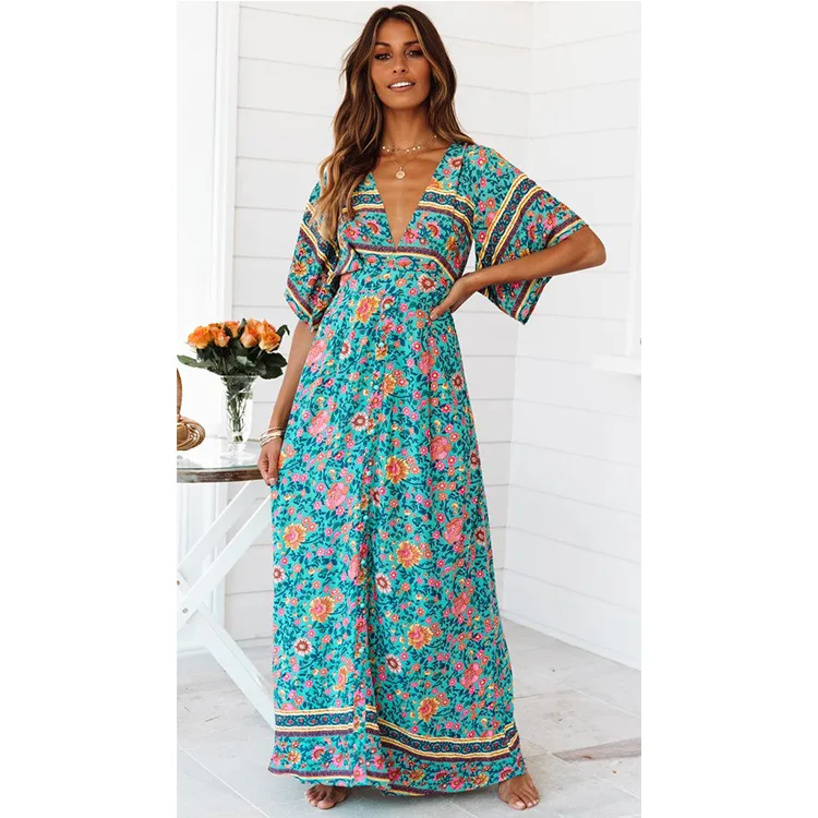 

Bohemian Dress Beach Floral Maxi Dresses Women V Neck Backless Long Dress Robe Longue Boheme Boho Strand Jurkjes Plaj Elbiseleri