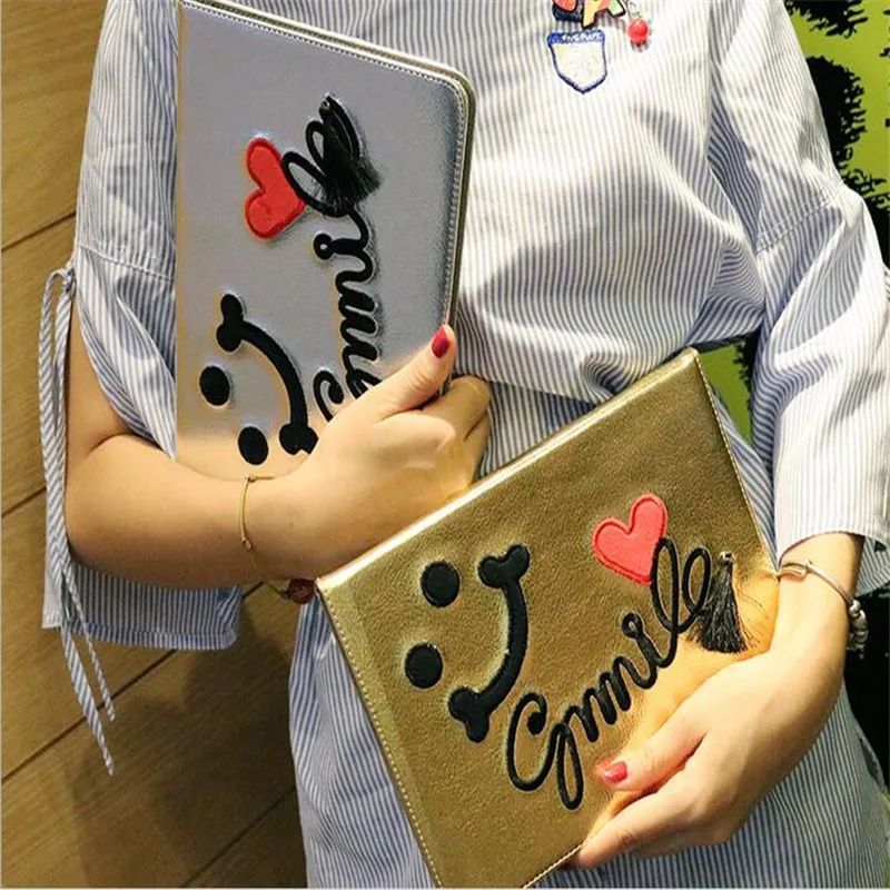 Earthly gold Embroidered smiling face pattern leather font b cover b font for ipad pro 9