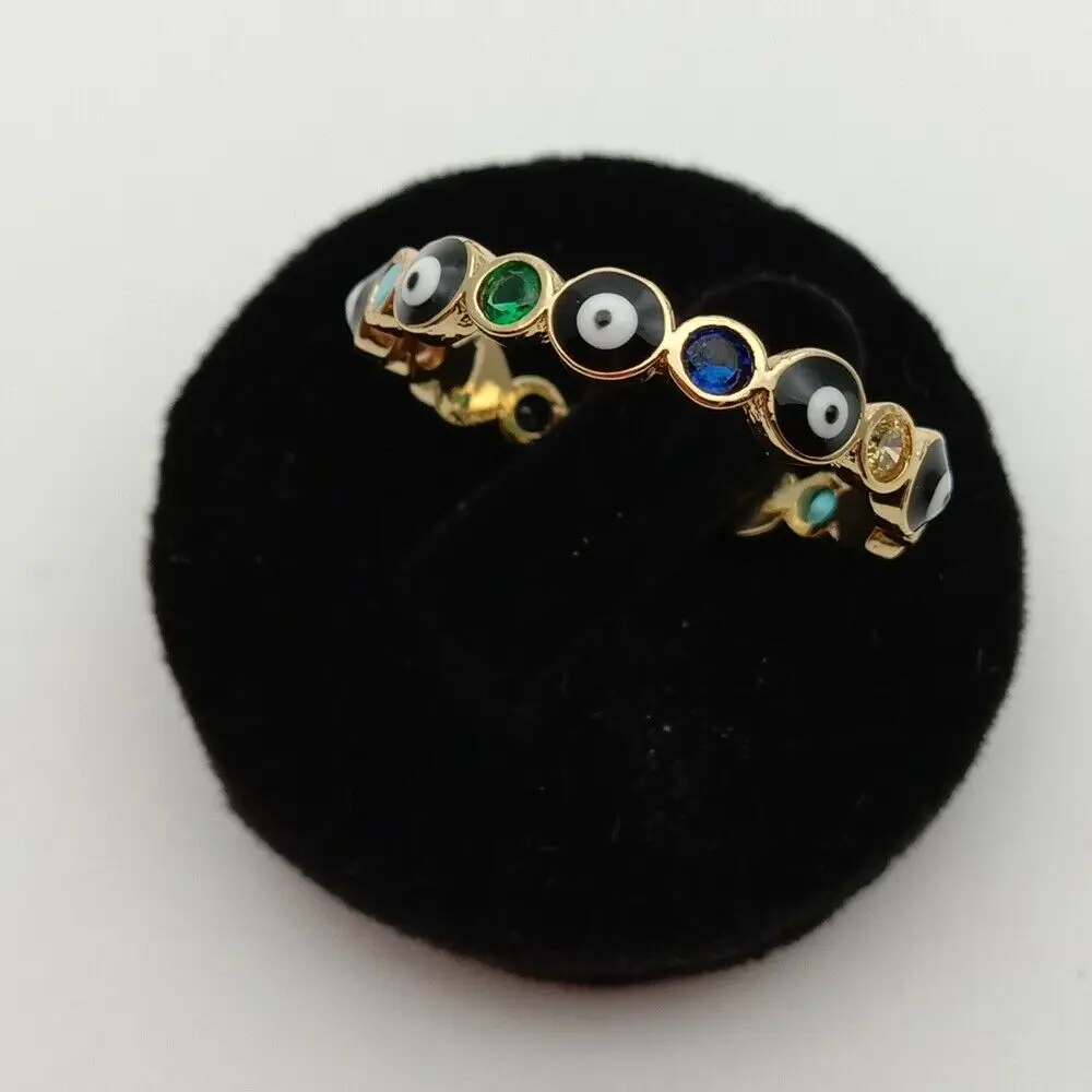 

Enamel Turkish evil eye jewelry ring Golden color rainbow cz women finger rings