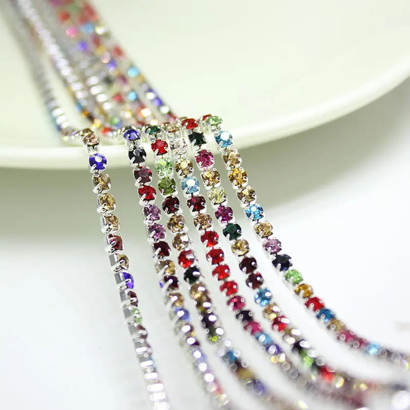 

SS6 2mm 9colors Rhinestone Chains 10yards/lot Boutique decoration Copper Close Silver Base Glitter Diy Wedding accessories