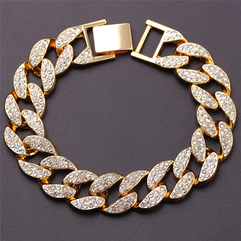 

Hip Hop Bling Iced Out Men's Rapper Bracelet Pave Gold Color Miami Cuban Link Chain Bracelets for Men Jewelry Pulsera Hombre