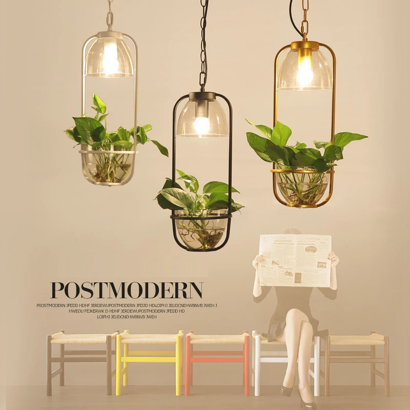 

Nordic Modern White/Black/Golden Painted Iron Frame with Glass Bottle Plant Hanging Light LED Pendant Light for Bar Cafe