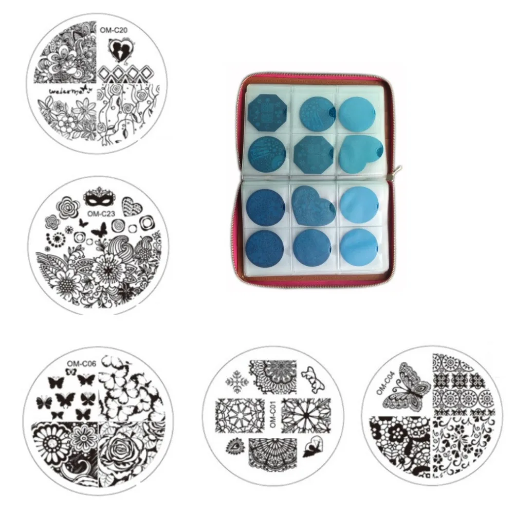 

240Slots Nail Stamping Plates Synthetic Leather Holder Case+10Pcs Round Laces Pattern Nail Polish Print Template 11Pcs/Set