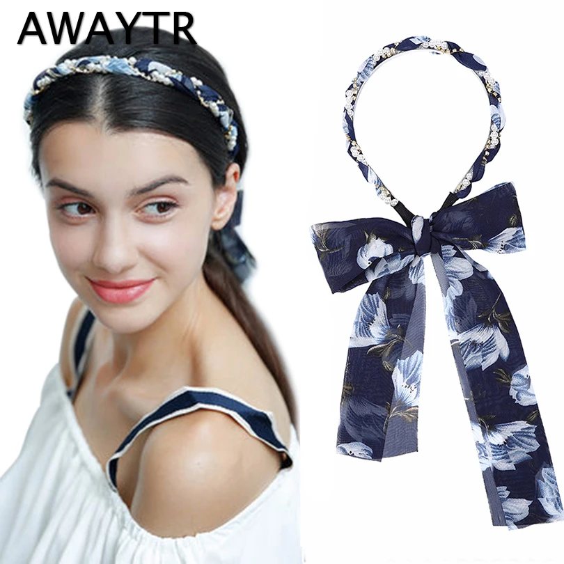 

AWAYTR Korea Rhinestone Chain Pearl Bow Hairband for Women Headband Sweet Ribbon Hair Rope Tiara Female Headwear Hair Accessorie