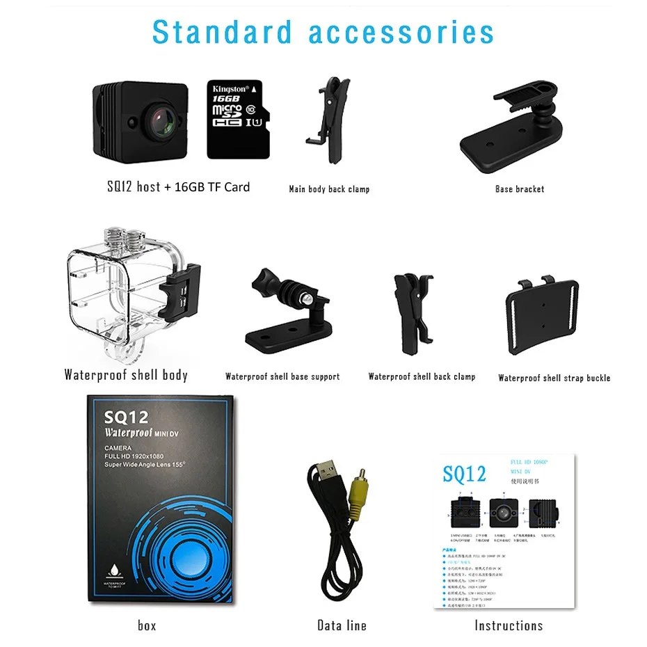 Wsdcam SQ12 мини ip-камера HD 1080P водонепроницаемый широкоугольный объектив видеокамера Спорт DVR инфракрасное ночное видение микро камера маленькая камера s - Цвет: SQ12Add16GBTFCard