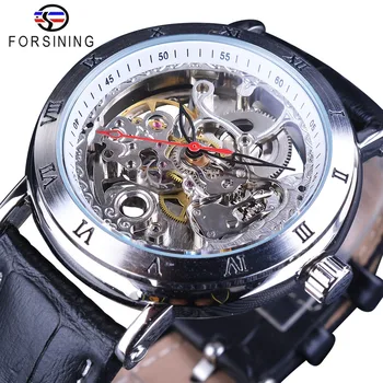

Forsining Waterproof Gear Flower Movement Transparent Genuine Leather Men Skeleton Mechanical Automatic Watches Top Brand Luxury