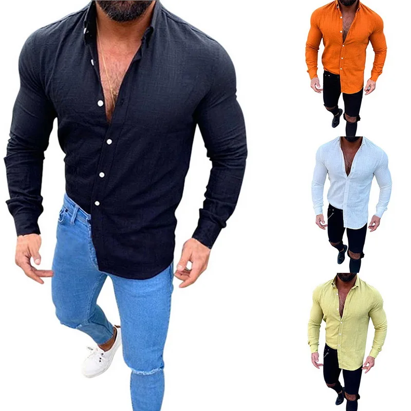

2019 Autumn New Men Cotton Linen Shirt Classic Turn-Down Collar Slim Men Shirt Long Sleeve Casual Slim Solid Mens Shirts