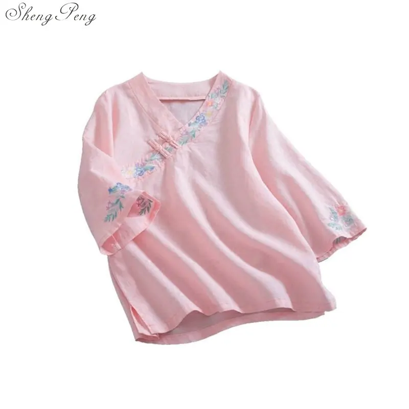 Льняная Китайская традиционная рубашка Ципао для Женский Чонсам стильная рубашка китайская Блузка для дам G174