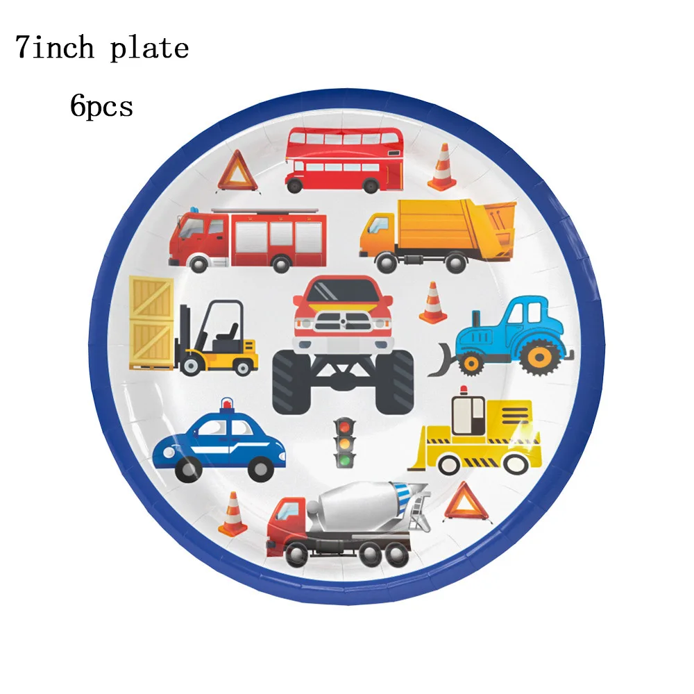 Мультфильм автомобиль вечерние бумажная салфетка под тарелку кружку баннер соломенная скатерть нож вилка ложка строительная машина одноразовая посуда - Цвет: 6inch plate 6pcs