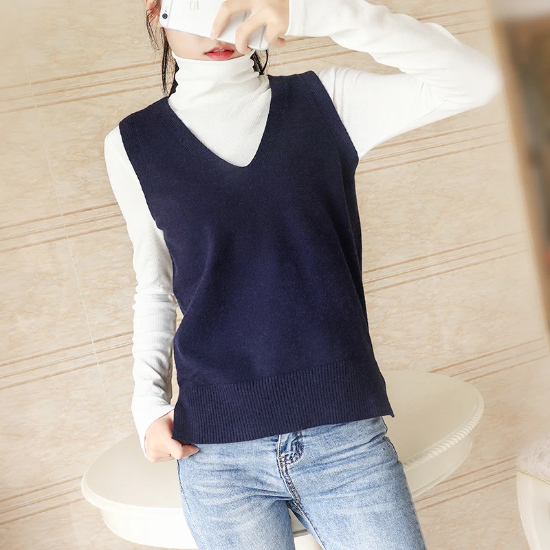 

New Arrival Straight V-Neck Pullover Women Knitted Sweater Solid Office Lady Fashion And Casual Female Simple Vest knit vest