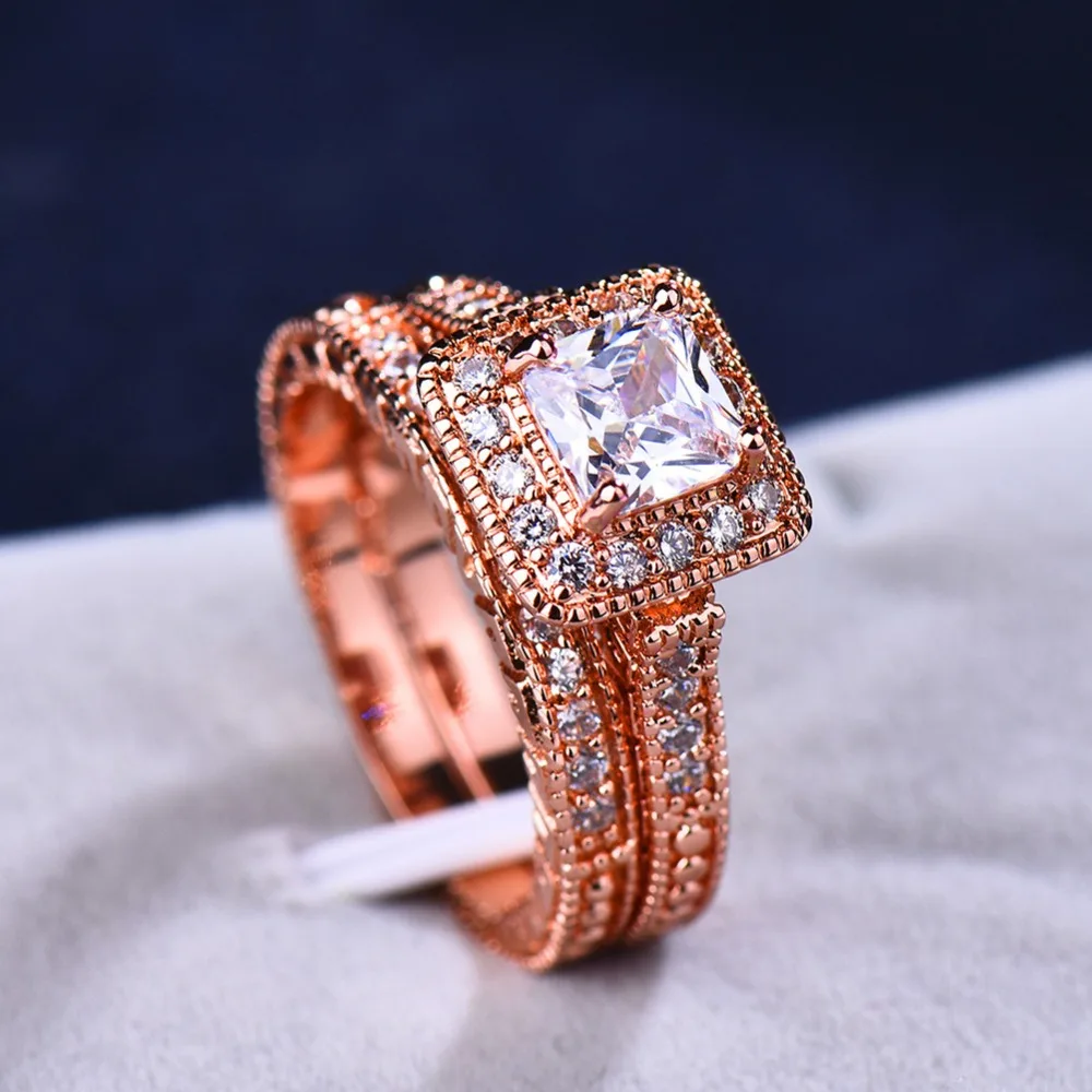 Кристалл женский белый циркон камень кольцо набор 18KT розовое золото Заполненные Свадебные Кольца для женщин Винтаж свадебное обручальное кольцо