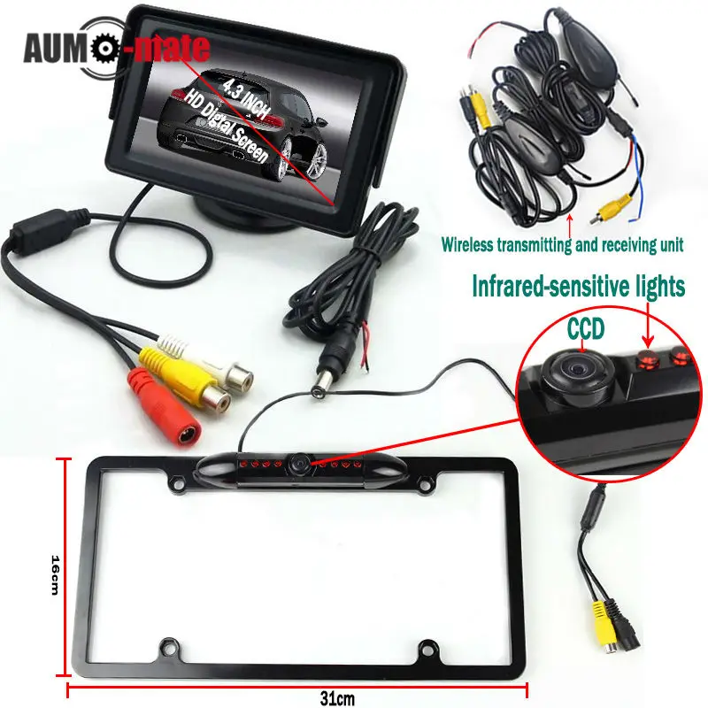 

Black License Plate Car Styling Wireless Transmitter Parking System with CCD Rear View Camera 4.3'' Monitor