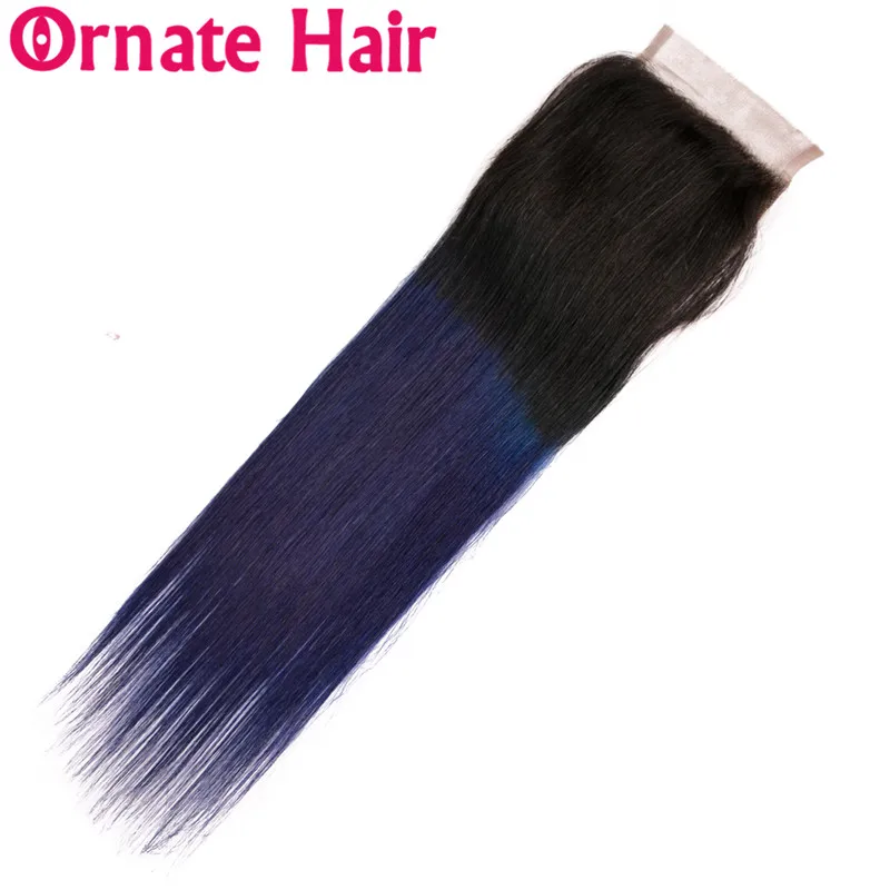 Покраска методом Омбре натуральные волосы Кружева Закрытие бразильский Прямо Волосы remy 4x4 застежка два тона ломбер темные корни синий