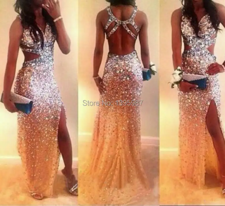 2015 Beaded Sexy Prom Dresses High Quality Silver Shining Long Prom Party Dresses with Cross Back Side Slit Formal Dress for Women Sheath   198.jpg