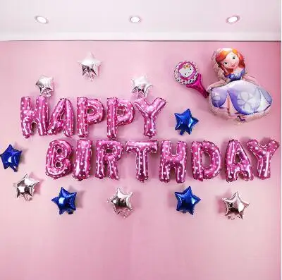 

25pcs/lots Pink Happy Birthday Balloons Set Sofia Hello Kitty Princess party balloon birthday decoration Girl KT Stars Silver