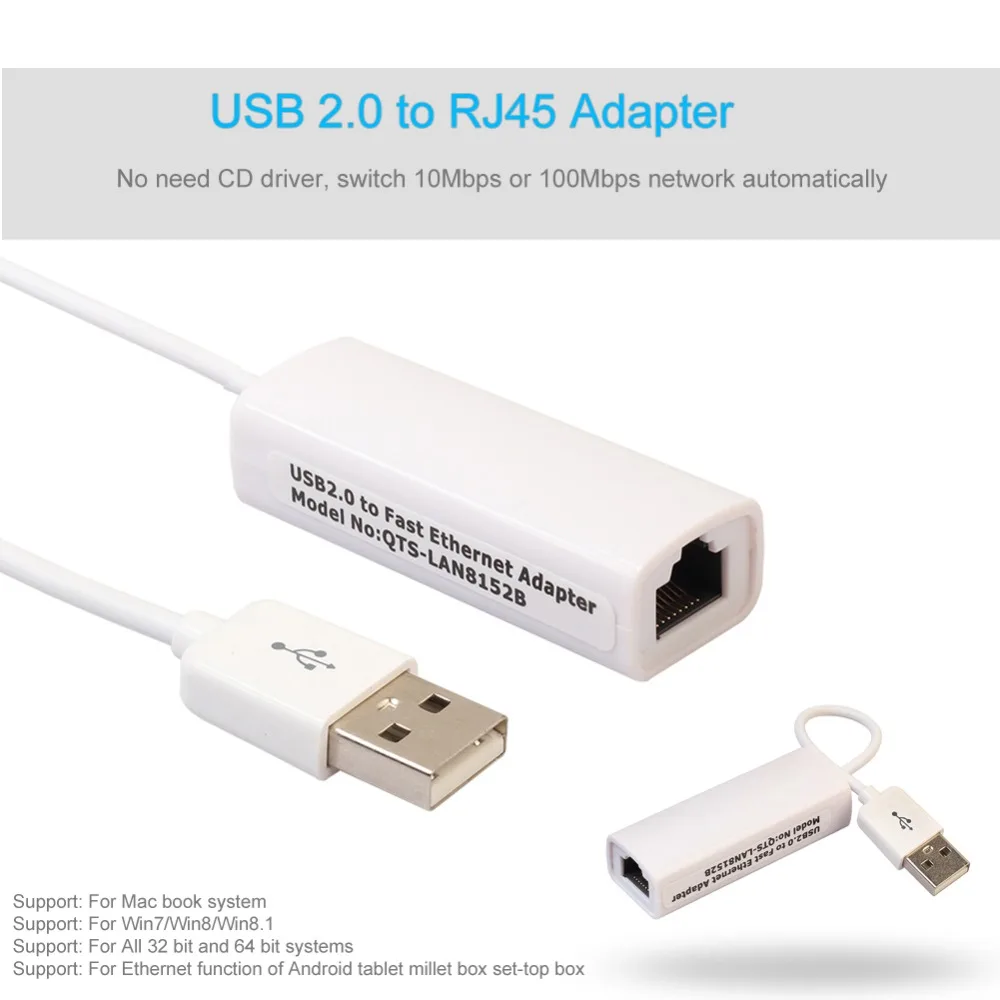 

USB 2.0 Male to Ethernet RJ45 Female Network LAN Adapter Card Cable Half/full Duplex 10/100Mbps 8152B Chip for Apple Macbook