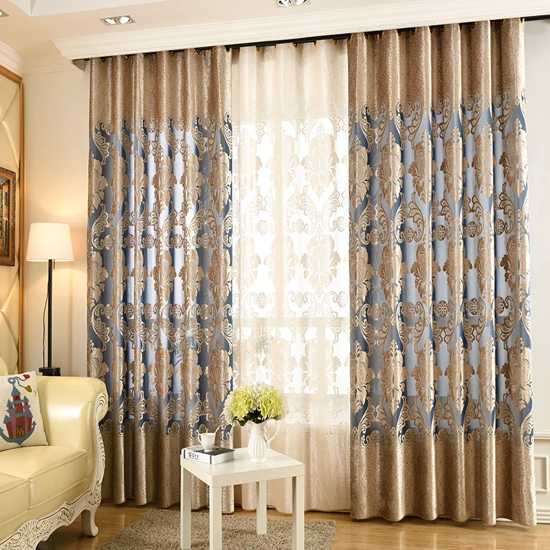 

Yvonicky Quality Customize Luxury Flocked Curtains Golden Curtain Living Room Relief Pattern Flannel Fabrics Blue Lace Curtain