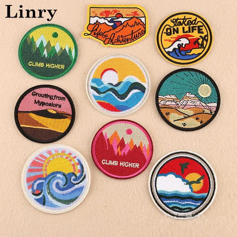 

9 Styles 1pc Natural Scenery Embroiderd Patches Iron On Clothes Landscapes Round Badge Patch Stickers DIY Accessory Garment PZ11