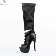 Оригинальное предназначение; пикантные женские сапоги до колена; сапоги на платформе с открытым носком на тонком каблуке; модная обувь черного цвета; женская обувь; большие размеры США 4-15