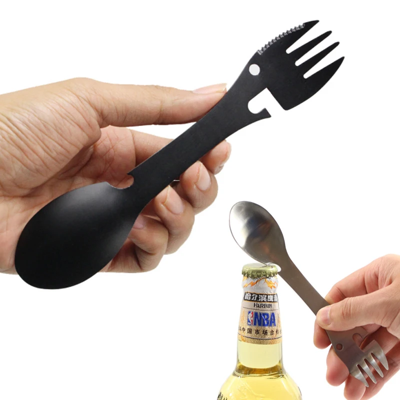 

Best selling 5 in 1 outdoor tools stainless steel camping tableware multi-purpose fork spoon light portable belt