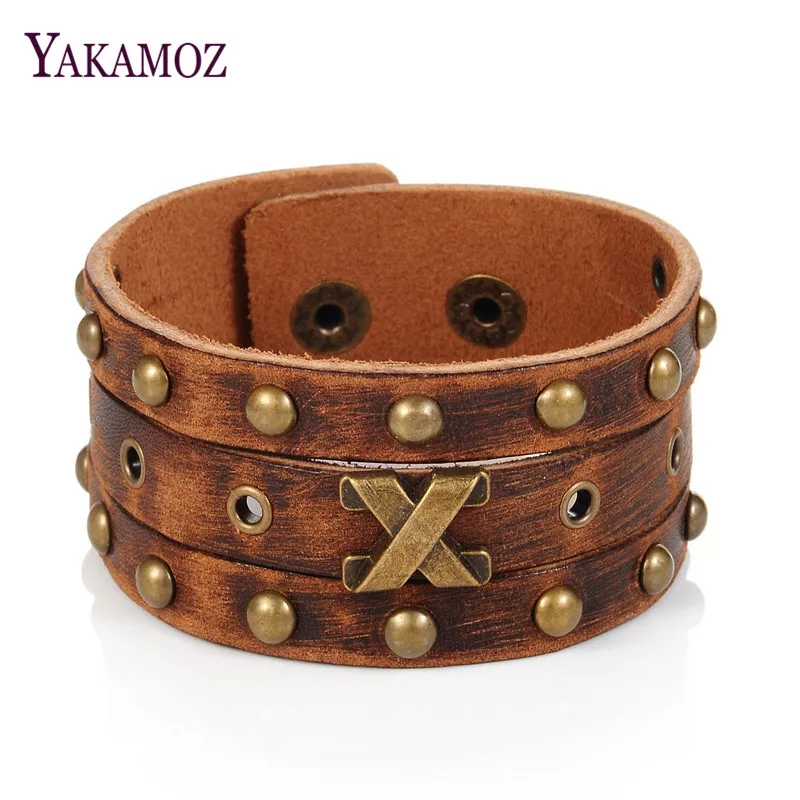 

YAKAMOZ 2017 Rock Wide Cuff Bracelet Men Braided Rivet Wide Leather Bracelets Punk Wide Genuine Leather Bangles for Male Jewelry