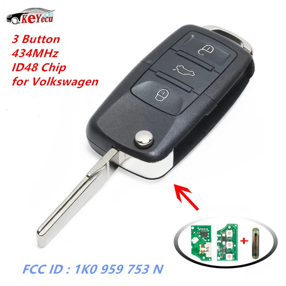 

KEYECU New Replacement Folding Remote Key Fob 3 Button 434MHz ID48 Chip for Volkswagen Seat Skoda Golf Polo FCC :1K0 959 753 N