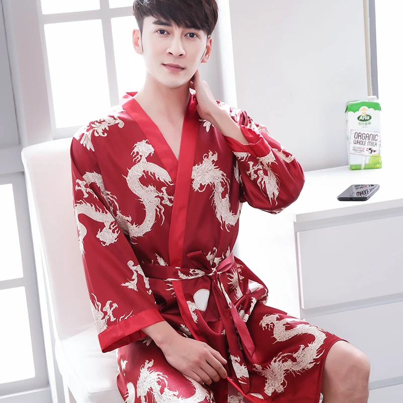 Роскошный мужской халат с принтом плюс шелковые пижамы кимоно Мужская Ночная рубашка Китайский шелковый халат - Цвет: color2