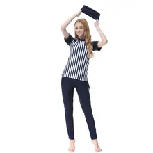 Скромный купальный костюм для девочек в полоску, купальный костюм с коротким рукавом, Топы+ штаны до щиколотки, Hajib, исламский купальный костюм, пляжная одежда S-3XL