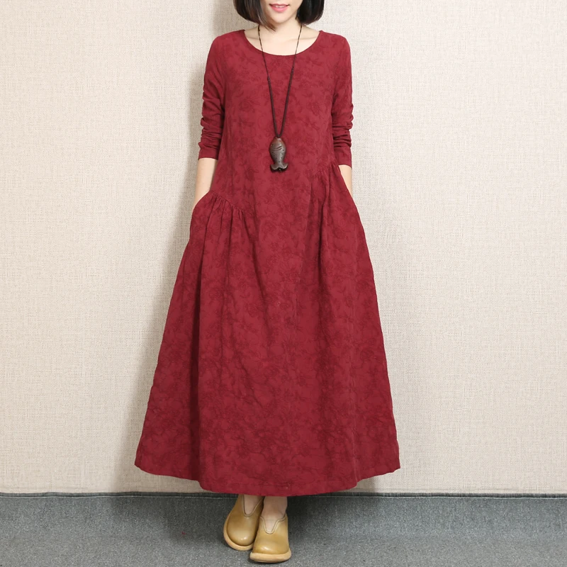 

New Arrive Spring Female Big Yards Jacquard Cotton And Linen Dress Women Long Fold Show Thin Embroidery Dress